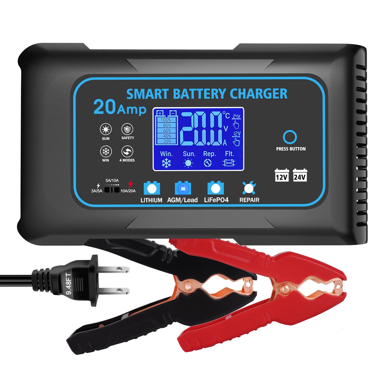 20 AMP Battery Charger, 12V/24V, Battery Maintainer Trickle Charger for Car | Le