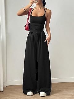 Sleeveless wide leg jumpsuit with adjustable spaghetti straps, casual loose romper for summer