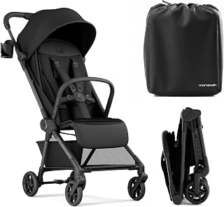 Mompush Nexis Carbon Fiber Lightweight Travel Stroller, Carry-On, Black | Lightweight travel stroller for airplane, compact auto-fold, one-hand recline, XL basket, cup holder, rain cover included