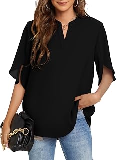 Funlingo Women's Summer Tops Short Sleeve Casual Shirts V Neck Chiffon Dressy Blouse Tops