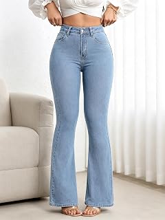 Women's High Waist Flared Stretch Bootcut Denim Pants Slim Fit Butt Lifting Bell Bottoms with Pockets