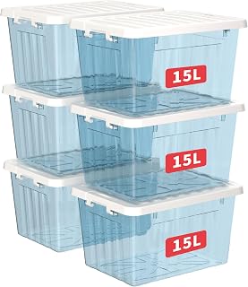 Cetomo 15L*6 Storage Boxes with Lids, Plastic Storage Box with Secure Side Latches, PP Nestable and Stackable Clear Organizer for Home, Office, Moving, Transparent Blue, 15L-6 Pack