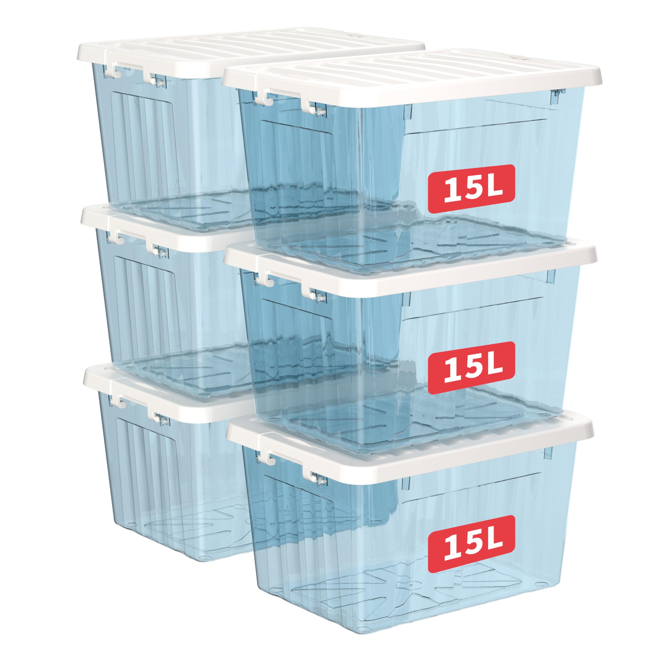 Cetomo 15L*6 Storage Boxes with Lids, Plastic Storage Box with Secure Side Latch