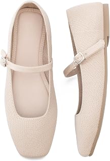 Soesyi Knit Flats for Women Square Toe Flats Casual Ballet Flats with Ankle Strap,Mary Jane Shoes Women Comfortable for Dressy Office