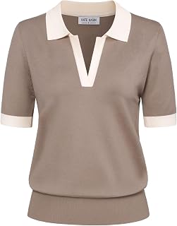 Kate Kasin Women Short Sleeve V-Neck Polo Shirt Casual Ribbed Pullover Loose Sweater