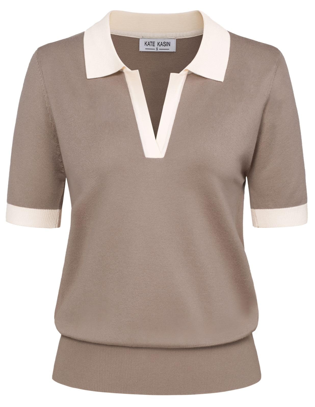 Kate Kasin Women Short Sleeve V-Neck Polo Shirt Casual Ribbed Pullover Loose Swe