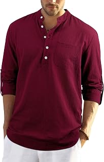 Enlision Men's Linen Shirt Long Sleeve Casual Summer Shirts Loose Leisure Solid Color Button Down Shirt Top with Pocket