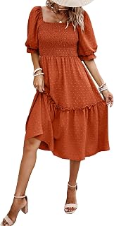 PRETTYGARDEN Women's Summer Casual Dresses 2026 Spring Puff Sleeve Square Neck A Line Flowy Boho Floral Smocked Midi Dress