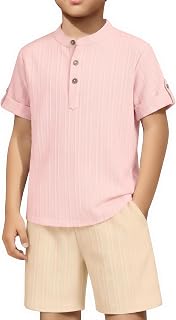 Arshiner Boys 2 Pieces Set Textured Henley Shirts & Shorts Set 4-12 Years