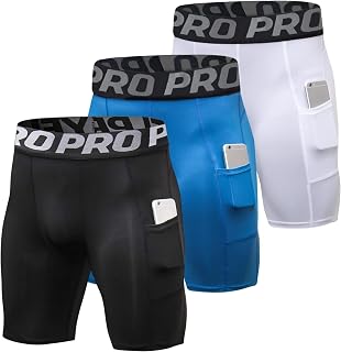 YUSHOW 3 Pack Compression Shorts for Men Cool Quick Dry Athletic Undershorts with Pockets Workout Shorts Running Tights Gym