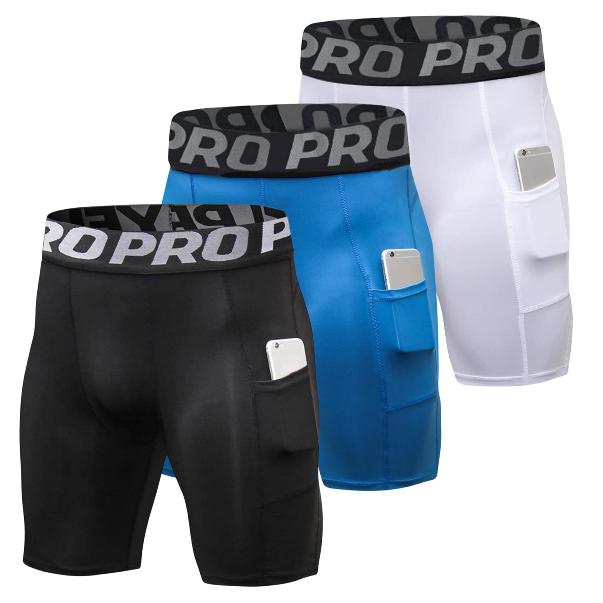 YUSHOW 3 Pack Compression Shorts for Men Cool Quick Dry Athletic Undershorts wit