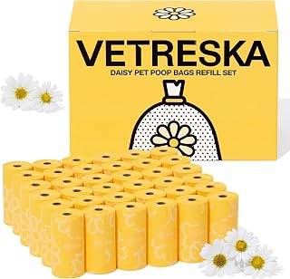 VETRESKA Pet Poop Disposal Bags, Poop Odor Free Bags, Daisy Scent, 540 Pieces, Refill, Roll, Biodegradable, Extra Thick Trash Bags, Leak Proof, Manor Bags, For Cars, Dogs, Cat Sand, Odor Resistant Bags, Portable Garbage Bags on the Go, Scented, Daisy 36 Roll
