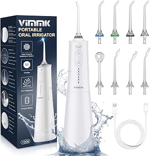 Portable Oral Irrigator, Vimmk Professional Cordless Dental Irrigator 8 Nozzles 5 Modes, IPX7 Waterproof 300ML USB-C Rechargeable for Teeth Cleaning, for Home and Travel (White)