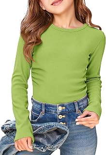Haloumoning Girls Long Sleeve Shirts Round Neck Ruched Side Slim Fit Ribbed Top Casual Knit T-Shirt 4-15 Years