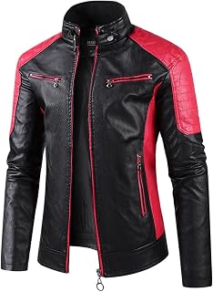 DMOYALA Men's Stand Collar Leather Jacket Fall Trendy Color Block Motor Biker Jacket Full Zip Outerwear Coats S-5XL