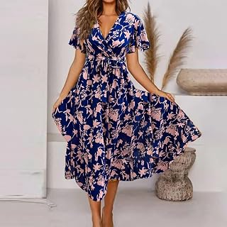 Women Wrap Dress Midi V Neck Short Sleeve Tie Waist Boho Floral Summer Dress Casual Vacation Office Beachwear
