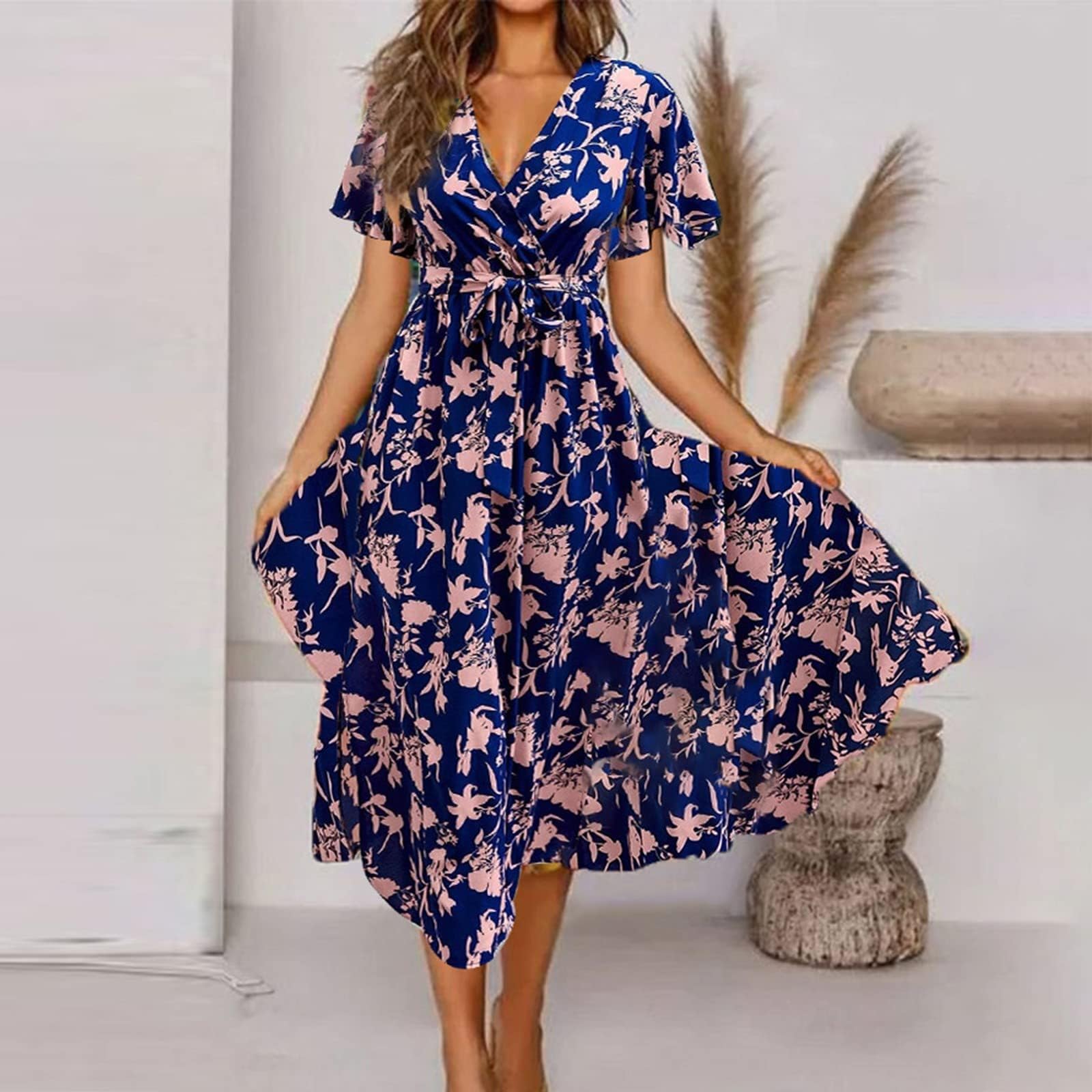 Women Wrap Dress Midi V Neck Short Sleeve Tie Waist Boho Floral Summer Dress Cas