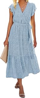 BTFBM Women Summer Casual Wrap V Neck Ruffle Cap Sleeve Belted Midi Dress