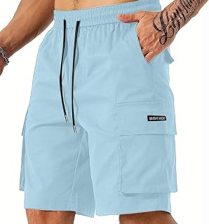 Mens Cargo Shorts Elastic Waist Knee Length Hiking Shorts Lightweight Stretch Hiking Shorts with Multiple Pockets