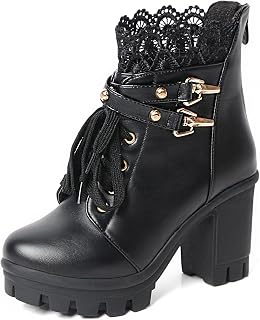 MEOTINA Women's Platform Ankle Boots Block Heel Lace Up Buckle Zipper High Heel Gothic Shoes Black
