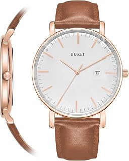BUREI Men's Leather Brand Simple Waterproof Analog Business Men's Wrist Watch Popular Date Quartz Stylish Slim Watch