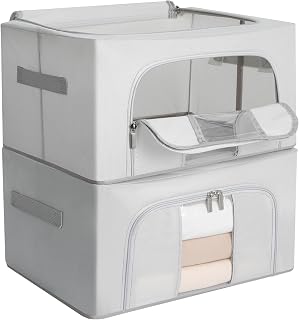 AiQInu 2 Pieces Clothes Storage Boxes, 24L Clothes Storage Bag with Zipper, Oxford Fabric Material, Metal Frame, for Quilts, Bedding, and More - 40 x 30 x 20 cm