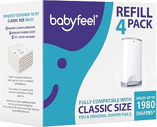 Babyfeel Refill Bags Compatible with DEKOR CLASSIC Diaper Pails, 4 Pack | Exclusive 30% Extra Thickness | Powerful Odor Elimination | Fresh Powder Scent | Holds up to 1980 Diapers | Extra Strong