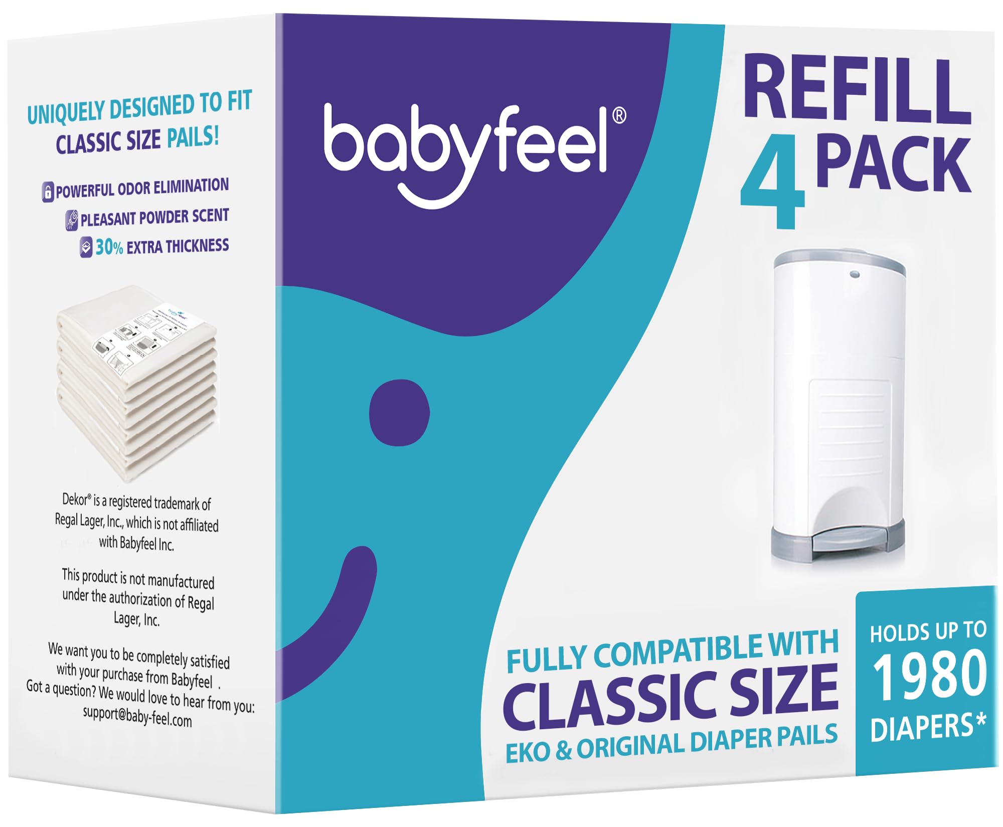 Babyfeel Refill Bags Compatible with DEKOR CLASSIC Diaper Pails, 4 Pack | Exclus