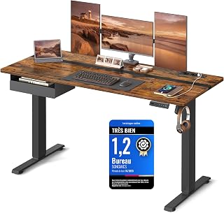 VASAGLE Electric Height Adjustable Desk Sit-Stand Desk with Multi-Strip Drawer, 70 x 160 cm, Continuously Adjustable, 4 Height Memory Functions, Rustic Brown and Ink Black LSD116X01