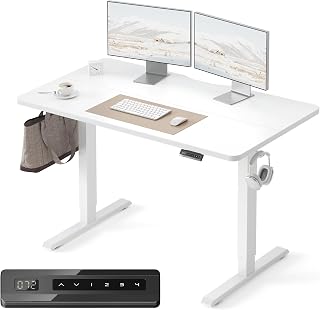 FEZIBO Standing Desk 47 x 24 Inch, Height Adjustable Desk with Memory Buttons, Electric Sit Stand Desk with 7th Gen Lift System, Home Office Table with Splice Board (Moon White)