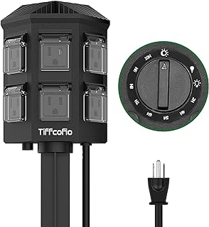 TiFFCOFiO Outdoor Power Strip Timer, Dusk to Dawn Light Sensor Countdown, 6 Feet Extension Cord Waterproof, 6 Grounded Outlets for Halloween and Christmas Decorations, ETL Listed (6 FT)