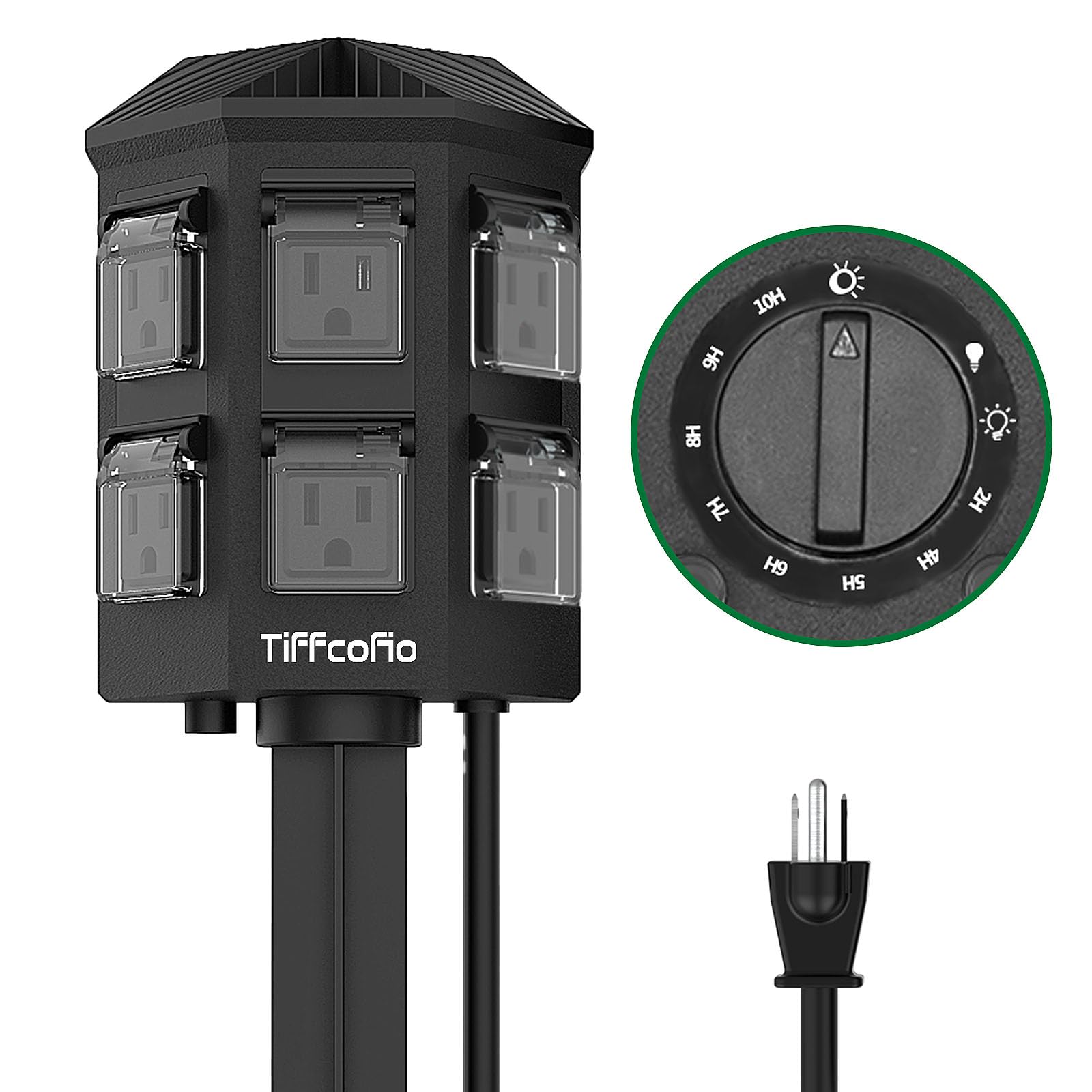TiFFCOFiO Outdoor Power Strip Timer, Dusk to Dawn Light Sensor Countdown, 6 Feet