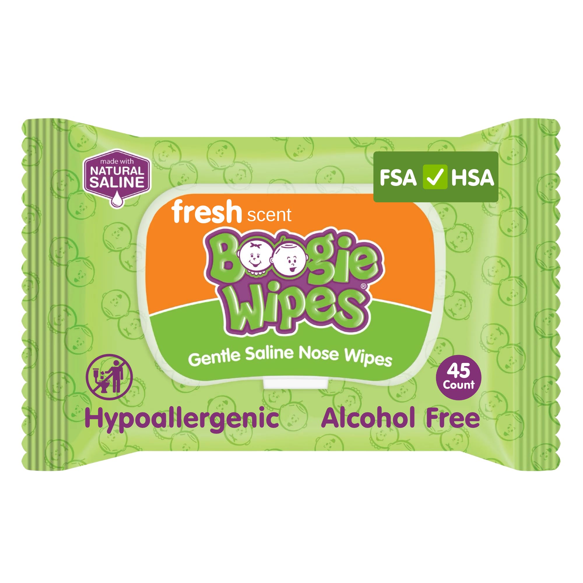 Boogie Saline Nose Wipes Fresh Scent - 45 Count | Hypoallergenic & Alcohol-Free,