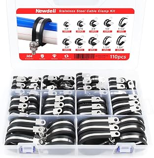 Newdeli 110Pcs Cable Clamps Assortment Kit 10 Sizes 1/4" 5/16" 3/8" 1/2" 5/8" 3/4" 1" 1-1/4" 1-1/2" 1-3/4" Stainless Steel Cable Clamp Rubber Cushioned Hose Clamp Insulated Automotive Wire Pipe Clamps