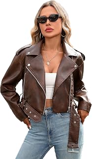 LY VAREY LIN Womens Faux Leather Lapel Collar Zip Up Belt Biker Short Jacket
