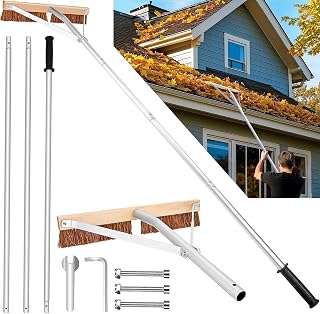Leaf Roof Brush and Roof Rake, Adjustable Length Roof Cleaning Tool, Remove Roof Leaves Safely, with Natural Brush Head, Lightweight, Easy to Use & Store (21 ft)
