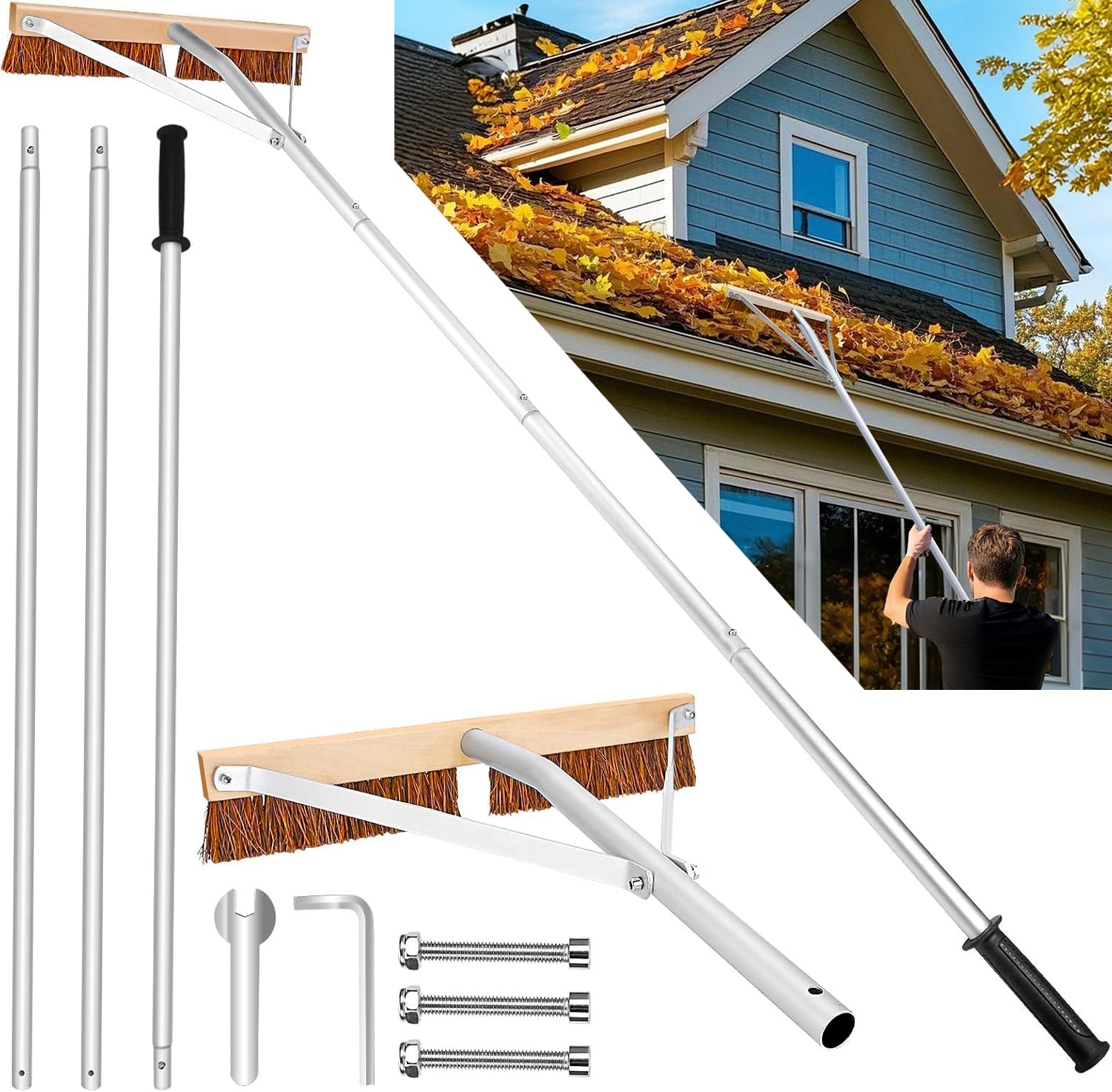 Leaf Roof Brush and Roof Rake, Adjustable Length Roof Cleaning Tool, Remove Roof