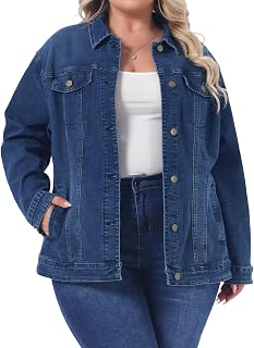 uxcell Women Plus Size Button Stitching Washed Denim Jackets