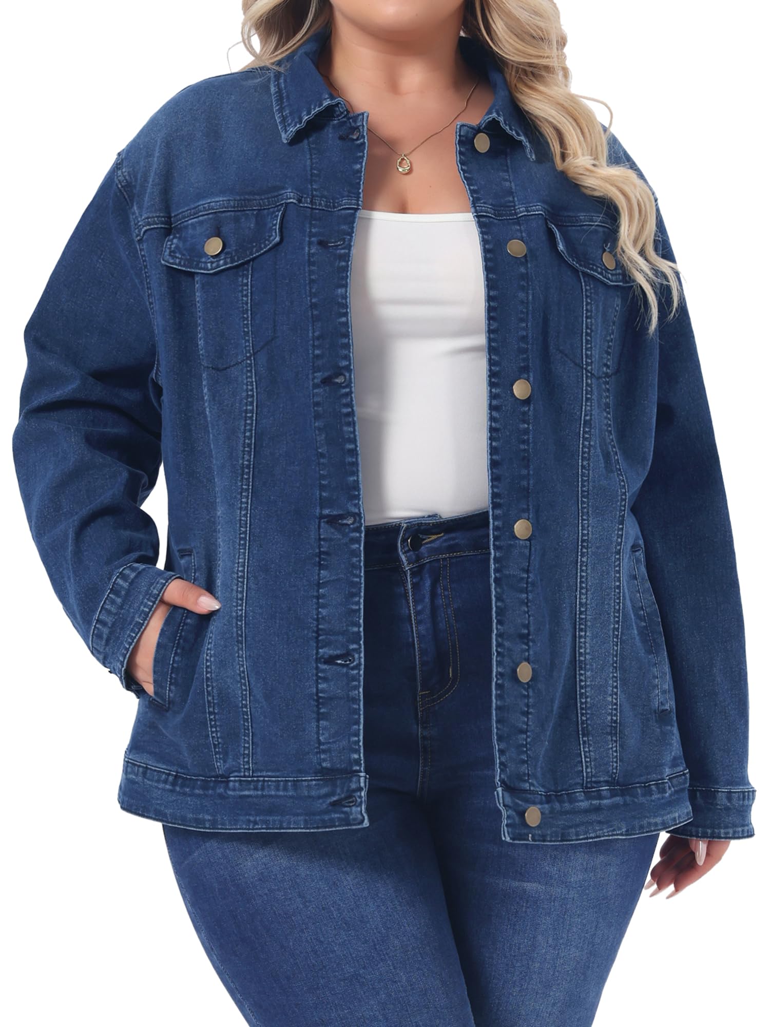 uxcell Women Plus Size Button Stitching Washed Denim Jackets