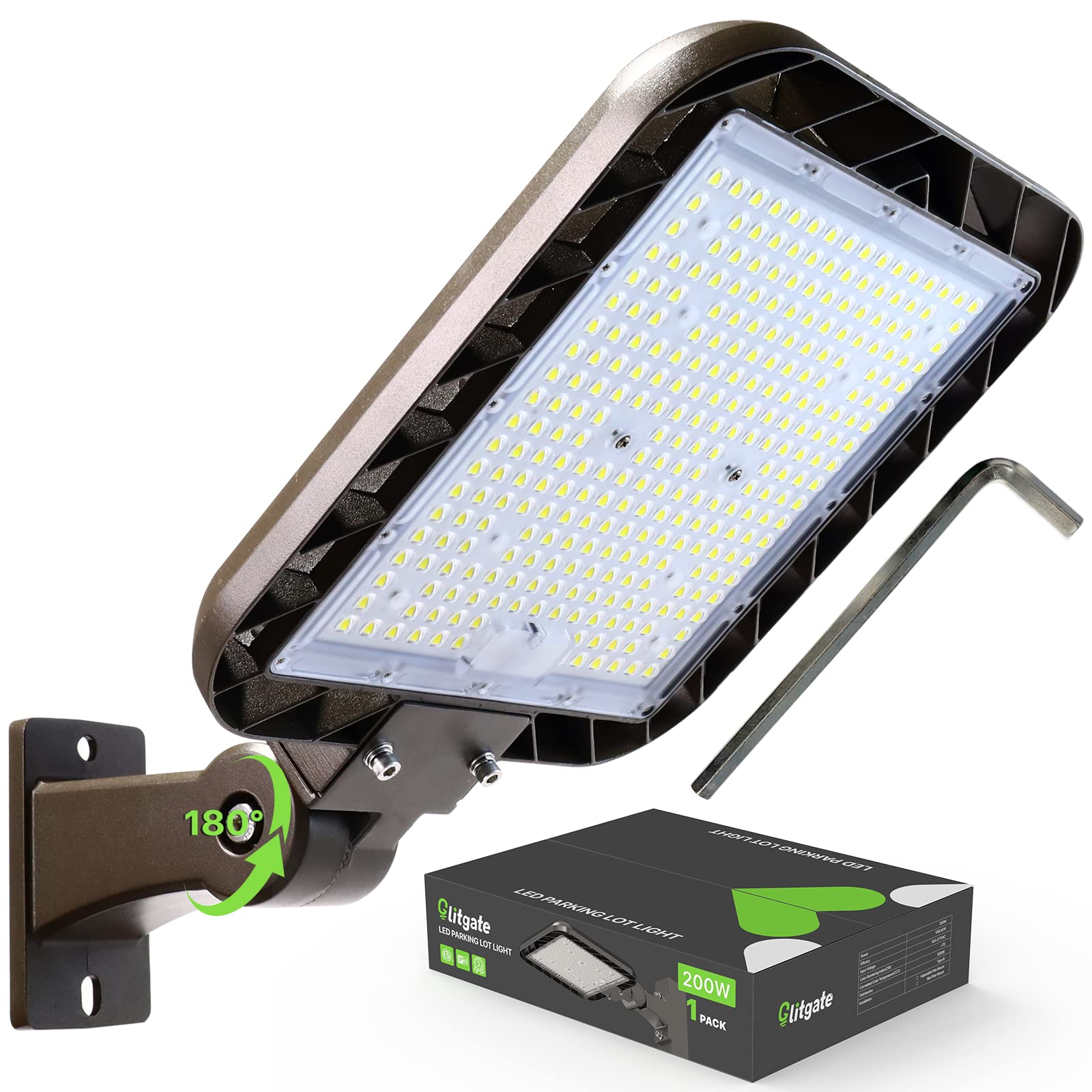 Glitgate LED Parking Lot Light - 200W 30,000LM Adjustable Arm Mount | Dusk-to-Da