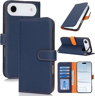 SailorTech Case for iPhone 17 Air Genuine Leather with Wallet Card Slot, Flip Folio Book with Kickstand Magnetic Leather Protective Shockproof Phone Cover for iPhone 17 Air Purse Case-Blue & Orange
