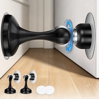 Crosize Magnetic Door Stoppers 2 Pack, Stainless Steel Door Stops, Wall-Mounted and Floor Mounting Metal Doorstops, Door Holder Keep Door Open, No Drilling Door Stop with Adhesive Tapes, Black