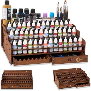 OPHIR Wooden Paint Organizer for 98 Paint Bottles & 49 Painting Brushes | Fits 17/18ml Miniature Paint Set with 1.02" Dia Holes for Popular Hobby Paint Storage, 1 Drawer, 25 Brush Holes & 24 Slots