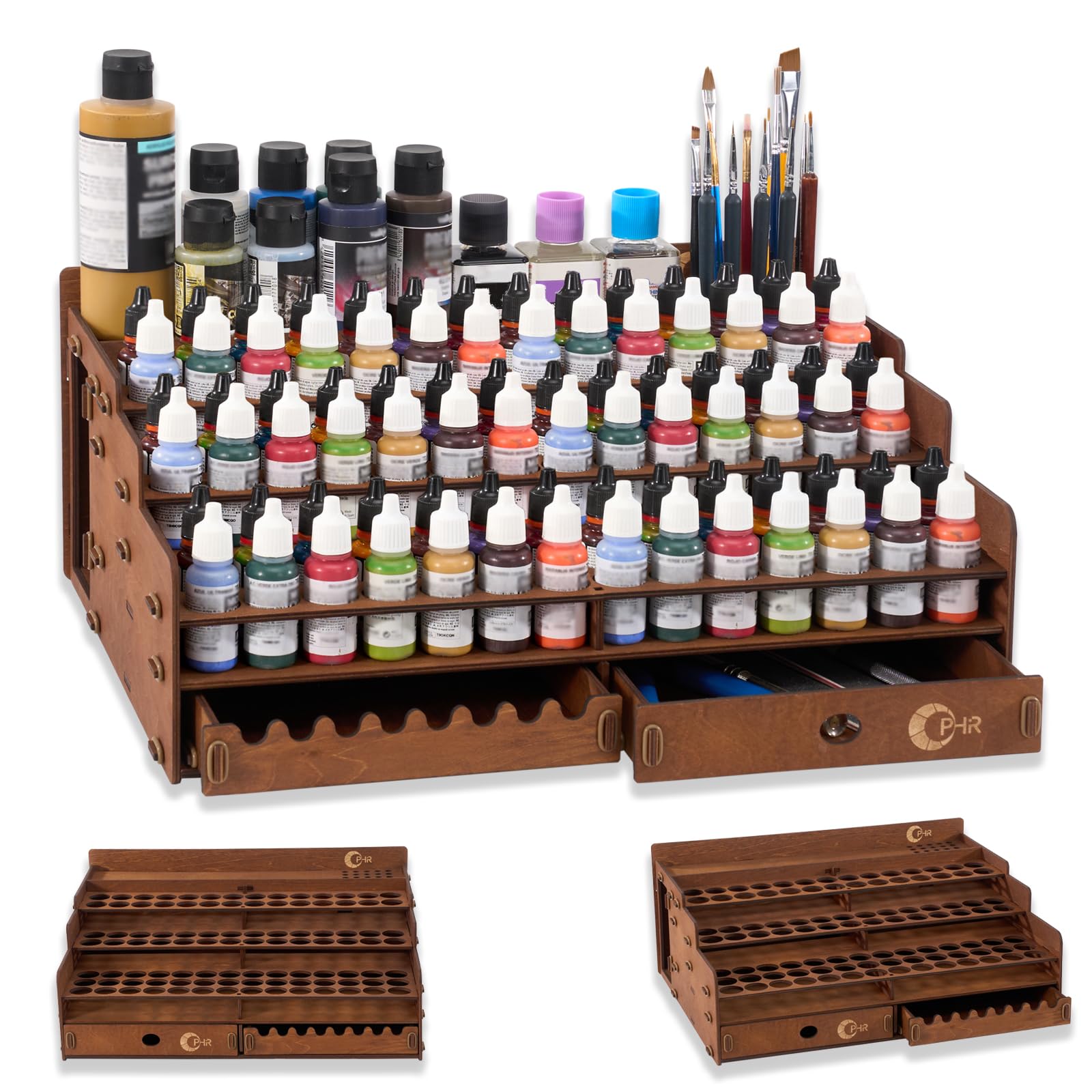 OPHIR Wooden Paint Organizer for 98 Paint Bottles & 49 Painting Brushes | Fits 1