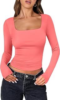 ANRABESS Women Double Lined Long Sleeve Crop Tops Shirts Square Neck Tight Fitted Going Out T-Shirt Basic Tee Outfits 2026