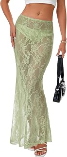 Rooscier Women's Lace A Line Sheer Maxi Skirt