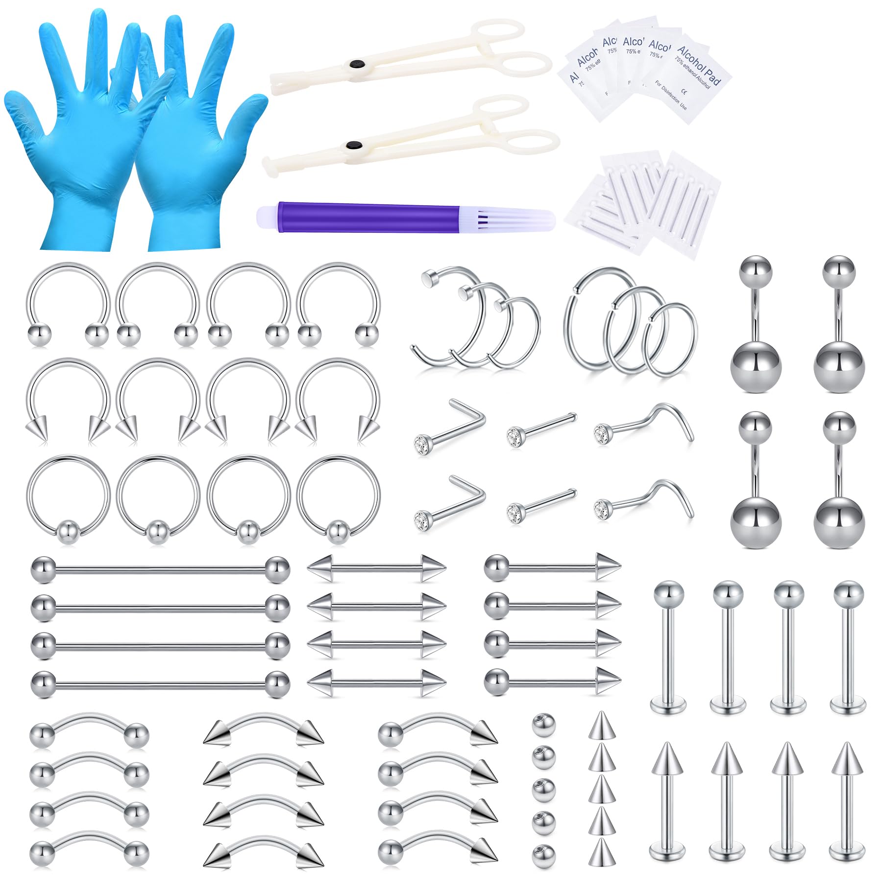 WillTen 100PCS Piercing Kits for All Piercings, 12G 14G 16G Piercing Needles Too