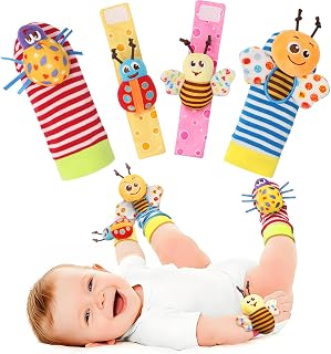 Bloobloomax Wrist Rattle Socks and Foot Finder, Baby Toys for 0-12 Months | Soft cotton sensory toy, lightweight & wearable, machine washable, crinkle textures, newborn shower gift, boys & girls