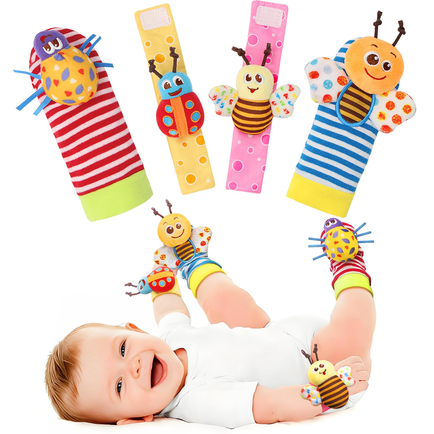 Bloobloomax Wrist Rattle Socks and Foot Finder, Baby Toys for 0-12 Months | Soft