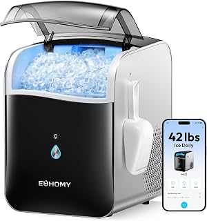 EUHOMY Smart Nugget Ice Maker Countertop, 42lbs/24H, Ready in 7 Mins, Portable Sonic Ice Maker with APP/Alexa Control, Self-Cleaning, Pebble Ice Makers with Hanging Ice Scoop for Home/Office